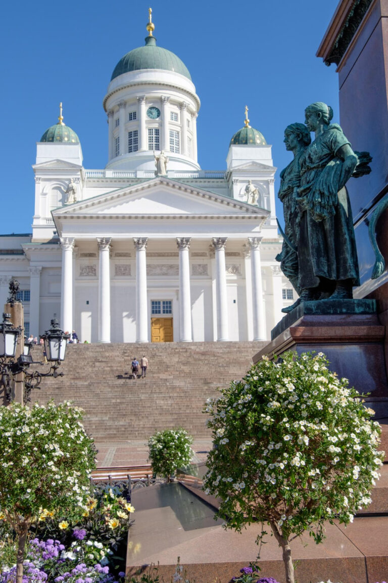 Helsinki Cathedral with the statue on Senate Square in the foreground