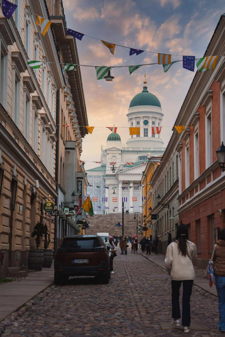 Helsinki Cathedral seen from a cobbled street